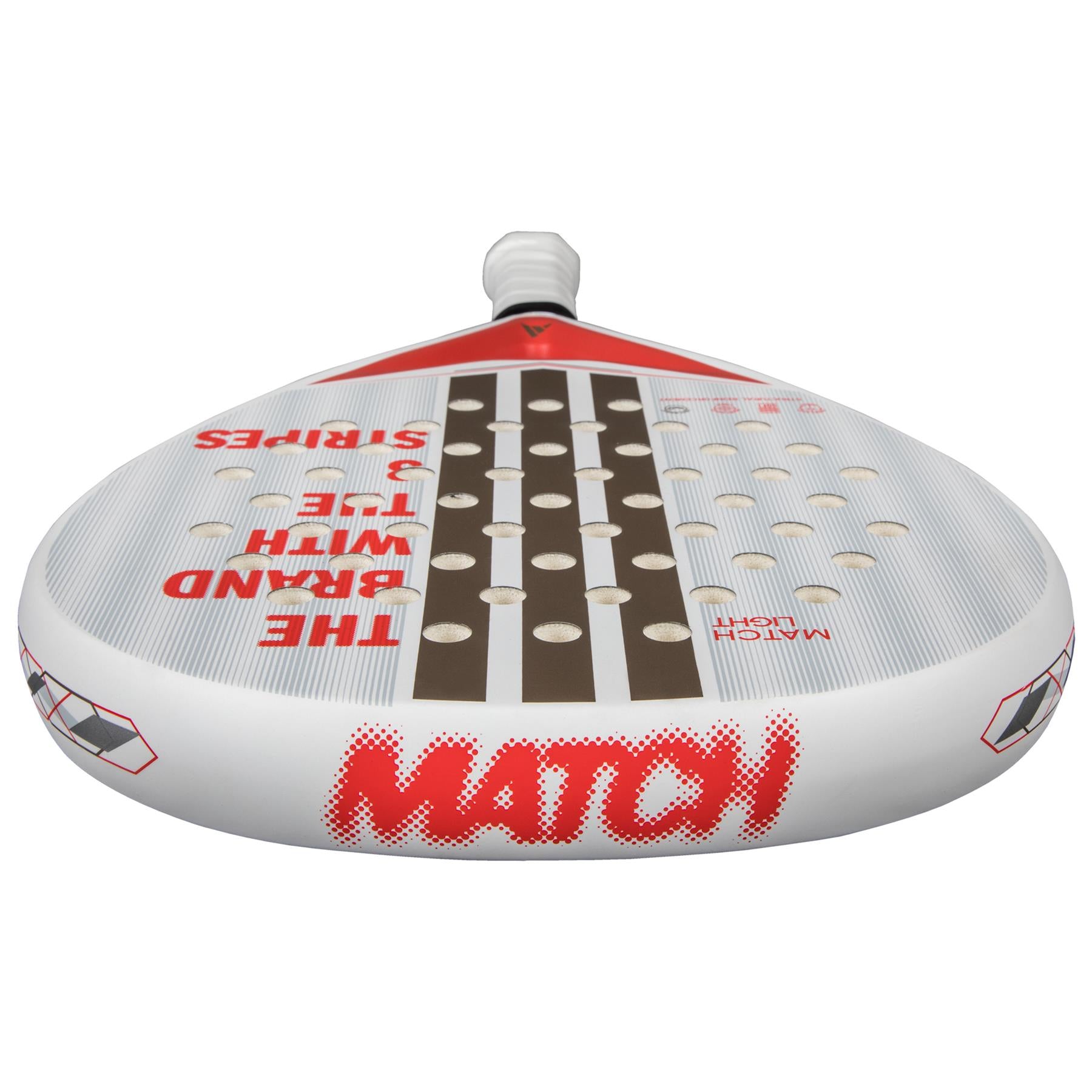 A close-up shows the lightweight ADIDAS Match Light 3.4 Padel Racket, ideal for beginners, featuring a round head. The design is clear and red with "MATCH" in bold red letters and "adidas - THE BRAND WITH THE 3 STRIPES" in smaller font.