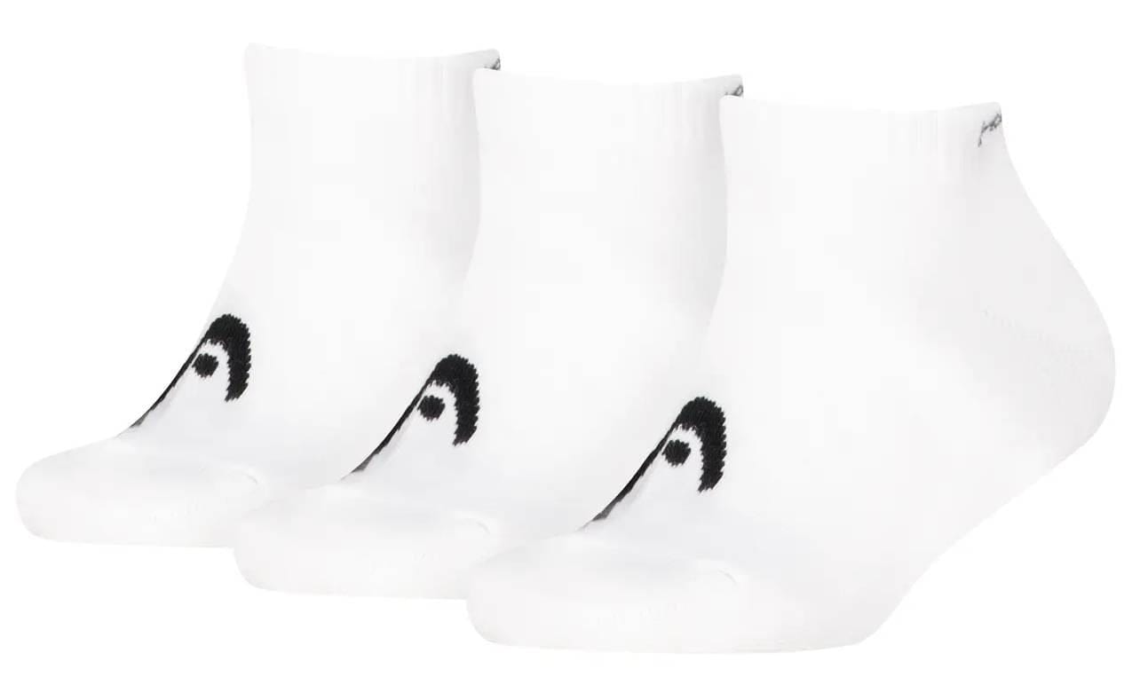 Three pairs of HEAD All Sport Sneaker Padel Socks in white, each with a small black logo and cushioned sole for comfort, are arranged side by side against a plain white background.