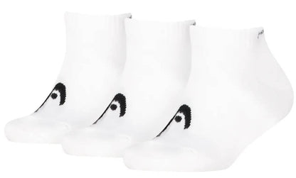 Three pairs of HEAD All Sport Sneaker Padel Socks in white, each with a small black logo and cushioned sole for comfort, are arranged side by side against a plain white background.