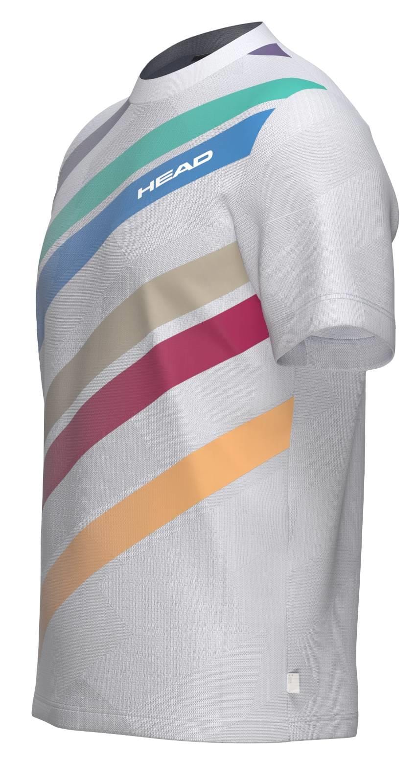 The HEAD Pro Mens Padel T-Shirt - WHXP is a white performance shirt with diagonal teal, blue, beige, red, and orange stripes and the "HEAD" logo on the chest—premium, breathable sportswear for men.