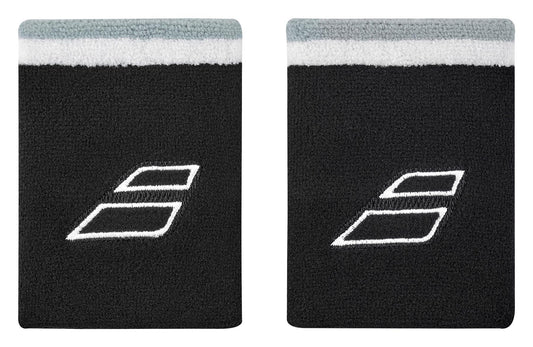 Two black Babolat Terry Jumbo Padel Wristbands featuring white geometric logos in the center. The top edges are accented with a white and gray stripe. Displayed side by side on a white background, they are highly absorbent and super soft to ensure ultimate comfort.