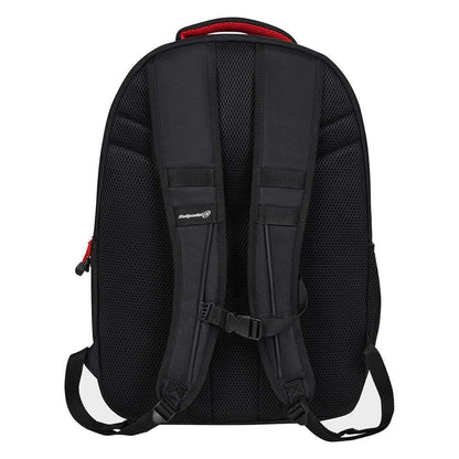 The Bullpadel BPM26020 Neuron Padel Backpack in black is shown from the back, featuring padded shoulder straps, an adjustable chest strap, a red top handle, and a textured mesh-like back panel for comfort.