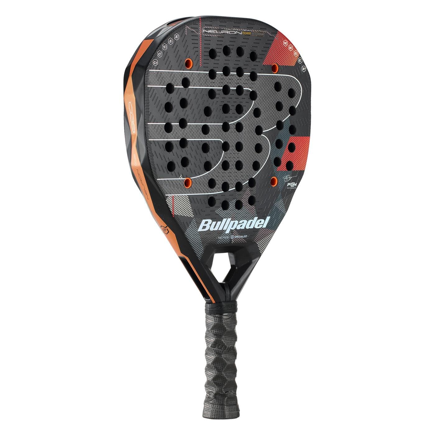 The Bullpadel Neuron 02 Edge 2026 Padel Racket features a black/red design, textured surface, multiple round holes, “Bullpadel” branding on the front, a black grip handle, and advanced PrismLock technology.