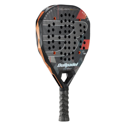 The Bullpadel Neuron 02 Edge 2026 Padel Racket features a black/red design, textured surface, multiple round holes, “Bullpadel” branding on the front, a black grip handle, and advanced PrismLock technology.