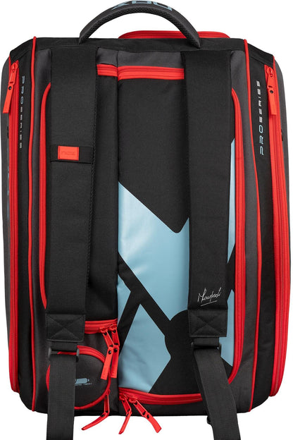 The NOX ML10 Competition XL Compact Padel Racket Bag in black and red features padded shoulder straps, a top handle, multiple compartments, and is perfect for carrying your padel gear.