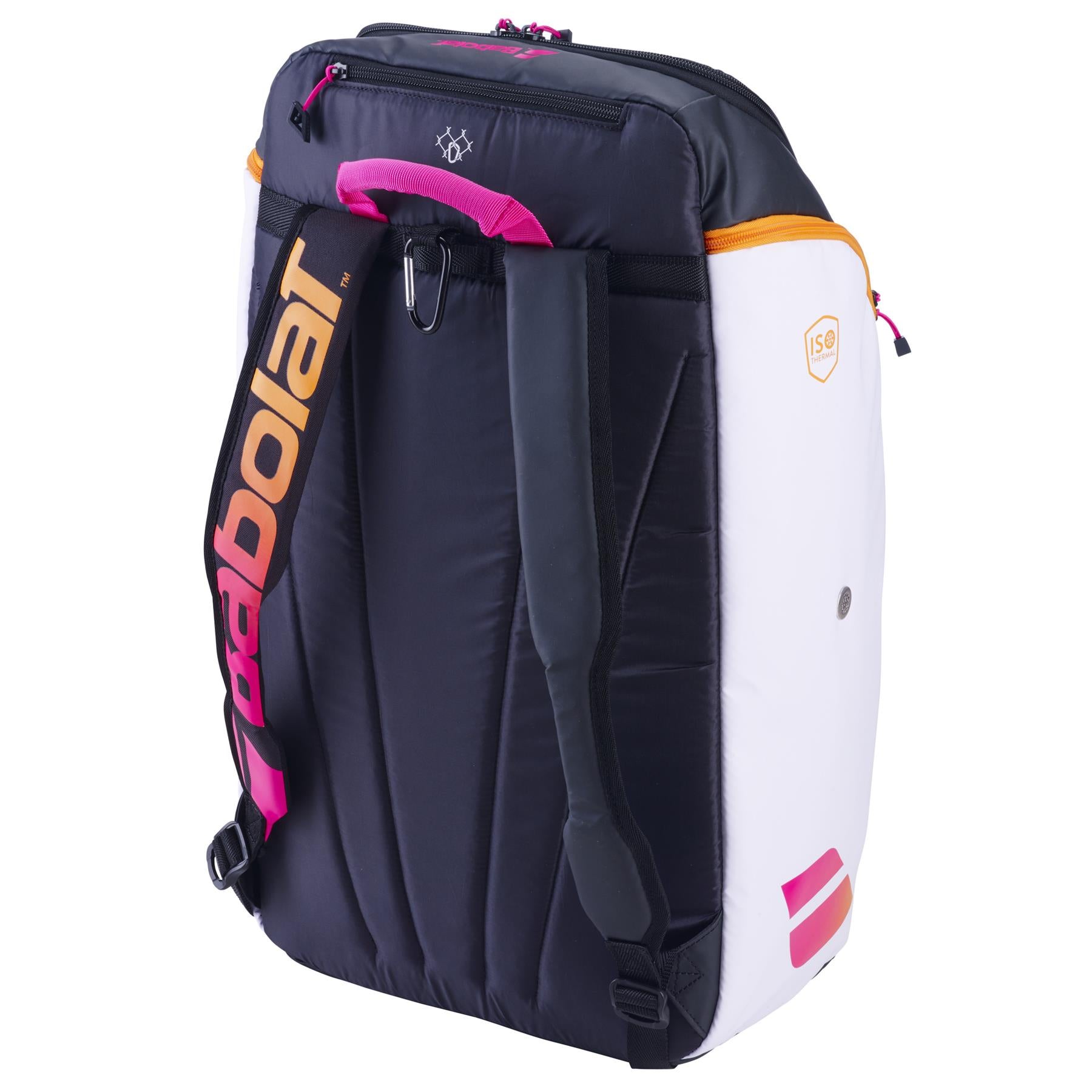 The Babolat RH Perf Padel Backpack - Black / Multi showcases a stylish combination of black, white, and pink with striking orange accents. It is made from durable materials and includes padded shoulder straps for comfort. Its waterproof compartments are ideal for storing rackets and equipment, with the brand name "Babolat" clearly displayed on the straps.