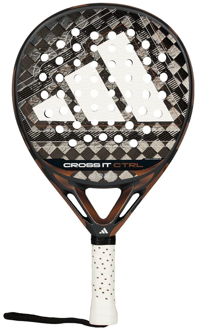 The adidas Cross It Ctrl 2026 Padel Racket - Black features a carbon fibre frame, black and brown geometric design, large white adidas logo, multiple circular holes, perforated handle, and "CROSS IT CTRL" printed at the center.