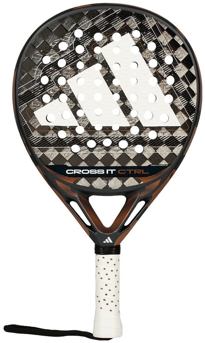 The adidas Cross It Ctrl 2026 Padel Racket - Black features a carbon fibre frame, black and brown geometric design, large white adidas logo, multiple circular holes, perforated handle, and "CROSS IT CTRL" printed at the center.