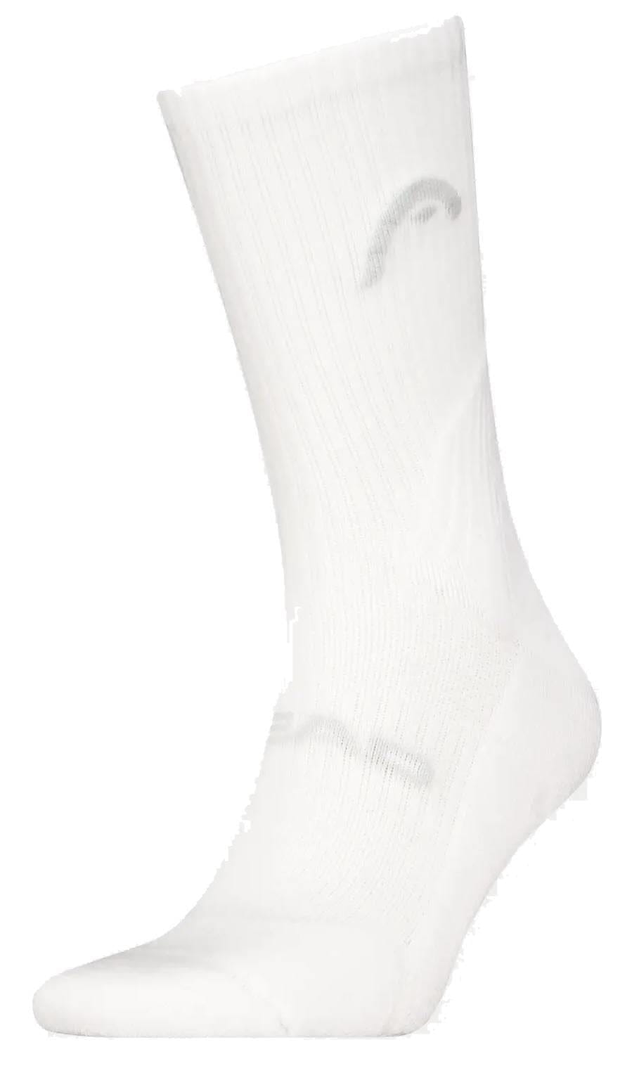 The HEAD Crew Padel Sock in white features a subtle ribbed texture, zonal cushioning for comfort, and a faint gray curved HEAD logo near the top, displayed against a plain white background.