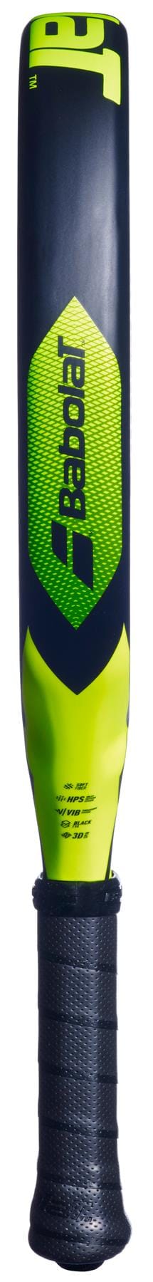 The Babolat Counter Vertuo 2.6 Padel Racket in black and neon yellow features a textured grip, Babolat logo, and modern design accents.