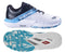 The Babolat Movea 2 Men's Padel Shoes in white and cyan blue prominently display the brand name on the side. They feature a Michelin Padel textured outsole with vibrant blue patterns and black accents, offering side and sole views for enhanced visibility.