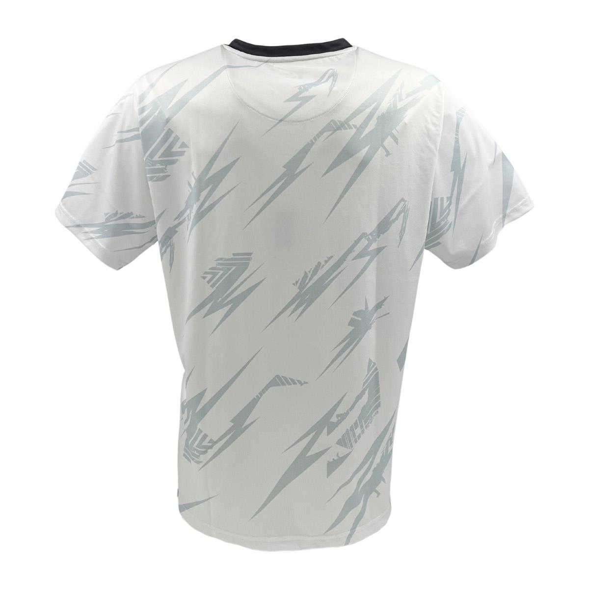 The Yonex YTM8 Men's Padel T-Shirt in white and charcoal boasts a moisture-wicking polyester design. It features an abstract gray lightning bolt pattern on breathable fabric, with a black collar. The shirt, displayed from the back, ensures ultimate comfort.