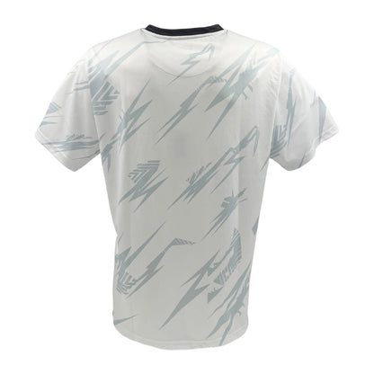 The Yonex YTM8 Men's Padel T-Shirt in white and charcoal boasts a moisture-wicking polyester design. It features an abstract gray lightning bolt pattern on breathable fabric, with a black collar. The shirt, displayed from the back, ensures ultimate comfort.