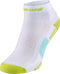 The Babolat Quarter Padel Socks – White/Sulphur Spring offer ankle coverage, lime green accents, a touch of light blue, and breathable ribbed mesh fabric for superior comfort on the court.