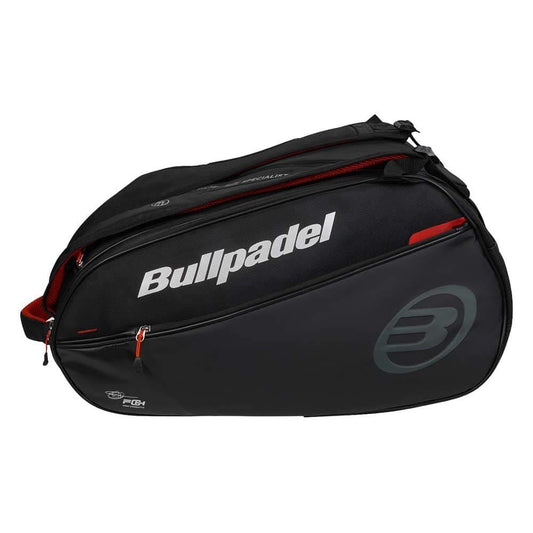 The Bullpadel BPP26020 Neuron Padel Bag in black features red zippers, bold Bullpadel branding with a large white logo and stylized "B," plus thermal racket compartments for optimal protection and a sleek design.