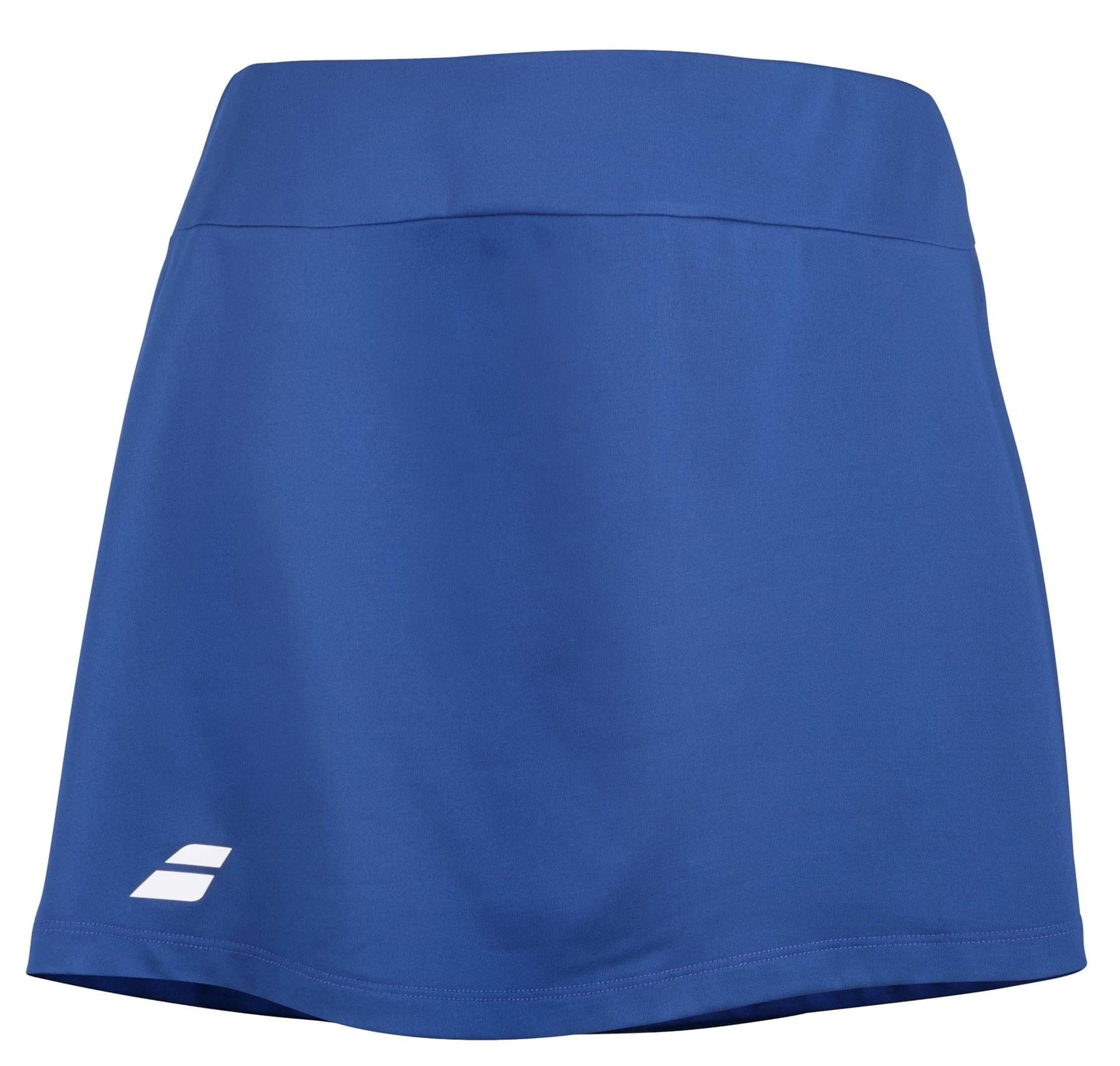 The Babolat Play Womens Padel Skirt in Sodalite Blue features a wide waistband and a small white logo near the left hem, ideal for any racket sports enthusiast.