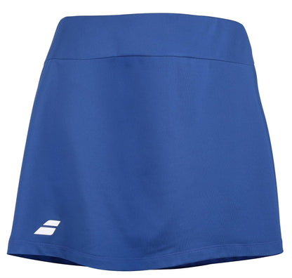 The Babolat Play Womens Padel Skirt in Sodalite Blue features a wide waistband and a small white logo near the left hem, ideal for any racket sports enthusiast.