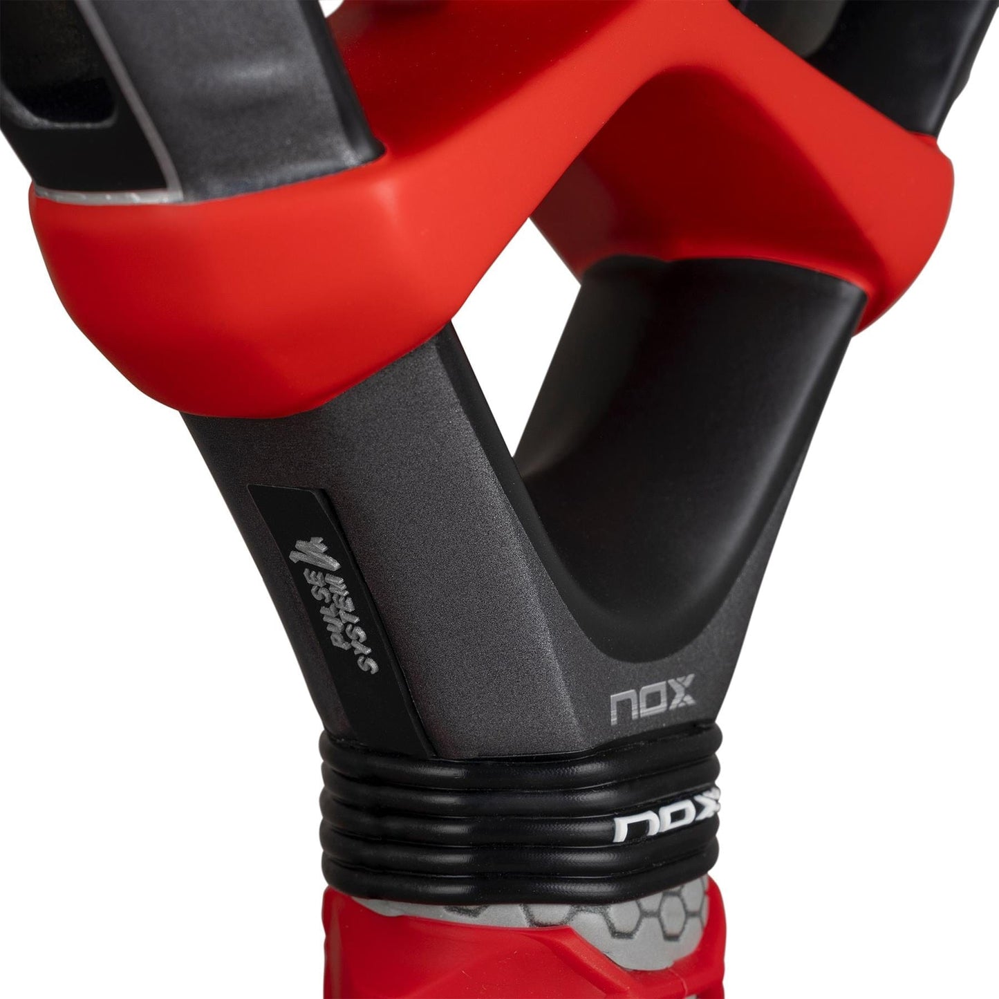 Close-up of the throat area of the NOX ML10 Ventus Control 3K By Miguel Lamperti 2026 padel racket, highlighting its black, grey, and red textured design—ideal for players seeking maximum control.