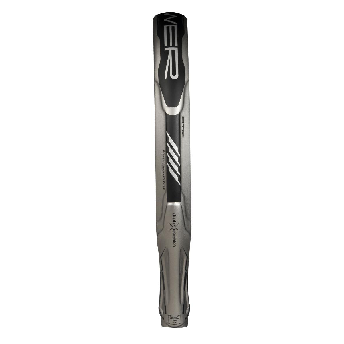 A close-up of a metallic gray MEIR baseball bat with black and white graphics featuring "CTRL" text. Its streamlined design resembles the precise grip and taper of high-performance gear, like the ADIDAS Adipower Carbon CTRL 3.4 Padel Racket in Black/Grey from adidas.