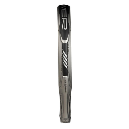 A close-up of a metallic gray MEIR baseball bat with black and white graphics featuring "CTRL" text. Its streamlined design resembles the precise grip and taper of high-performance gear, like the ADIDAS Adipower Carbon CTRL 3.4 Padel Racket in Black/Grey from adidas.