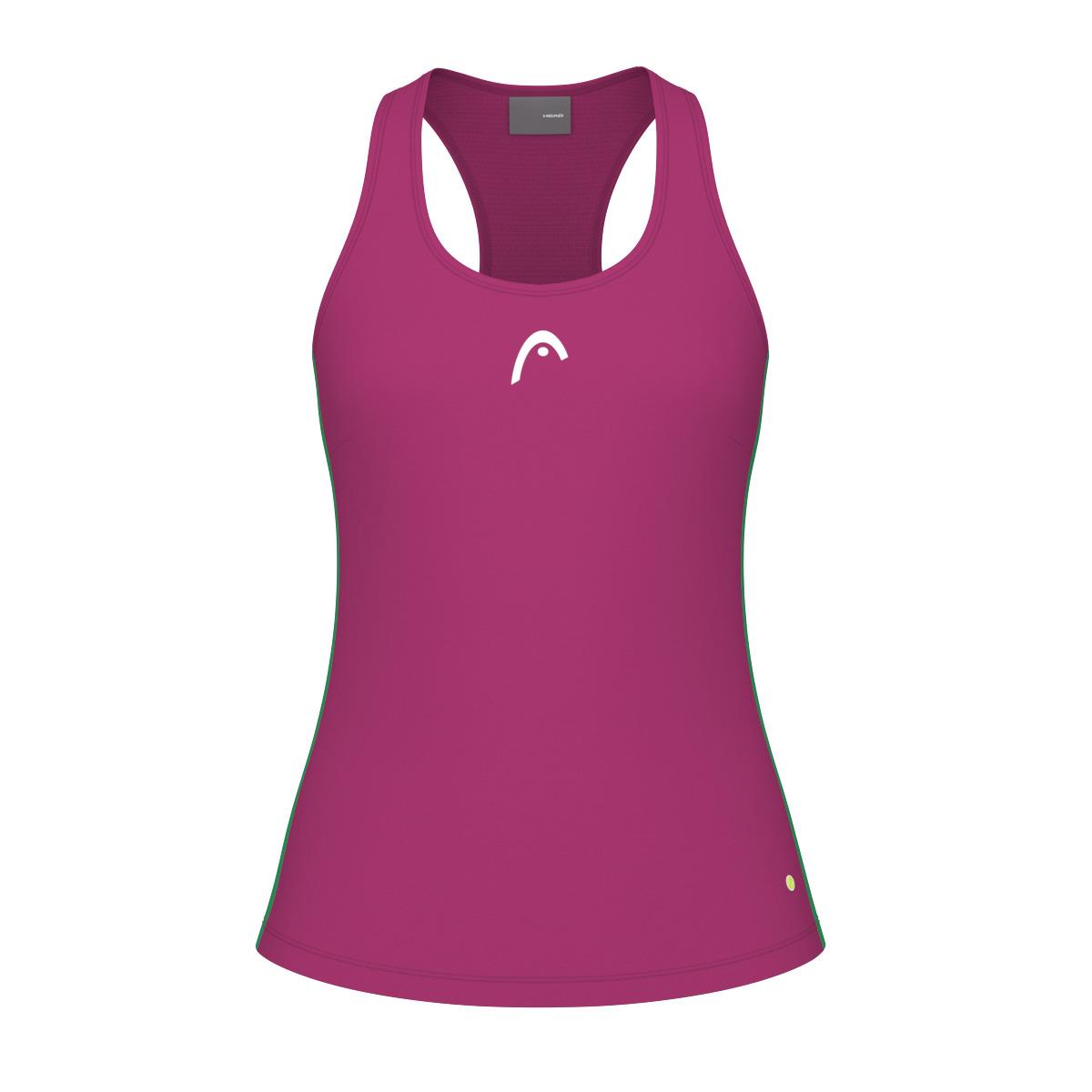 The HEAD Spirit Women's Padel Tank Top in Vivid Pink is a sleeveless sports top designed with a racerback. It incorporates MXM Technology, featuring moisture transfer microfibre for enhanced performance, and showcases a small white logo on the chest along with a circular design at the hem.