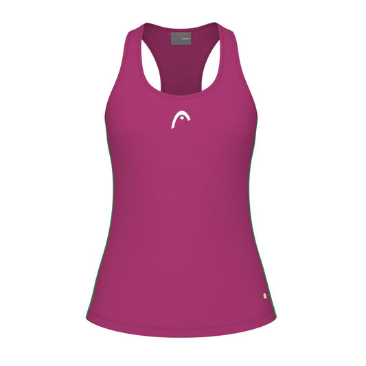 The HEAD Spirit Women's Padel Tank Top in Vivid Pink is a sleeveless sports top designed with a racerback. It incorporates MXM Technology, featuring moisture transfer microfibre for enhanced performance, and showcases a small white logo on the chest along with a circular design at the hem.