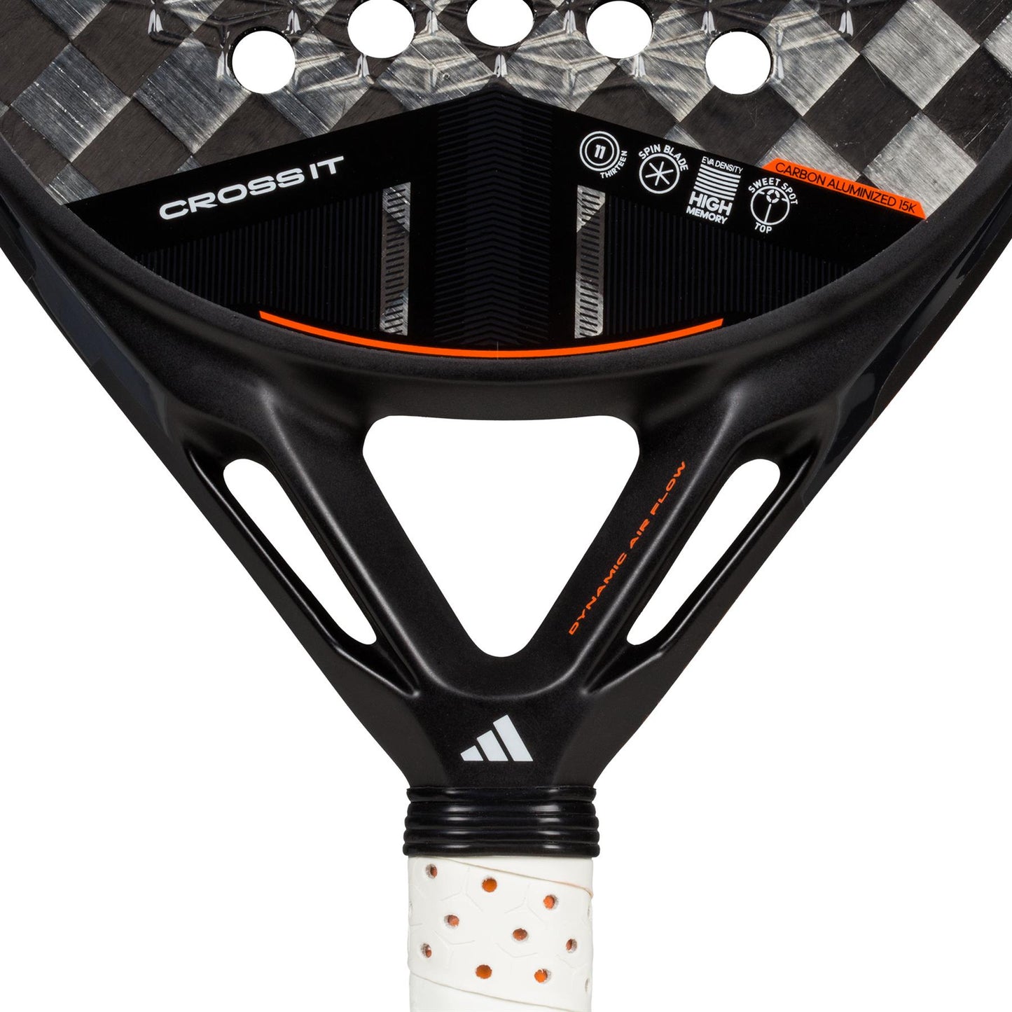 Close-up of the adidas ADIDAS Cross It 3.4 Padel Racket head showing a black and grey design with a diamond oversized shape. "adidas" is visible, alongside performance icons and a checkered pattern. The white grip with orange touches is crafted from Carbon 15K for durability.