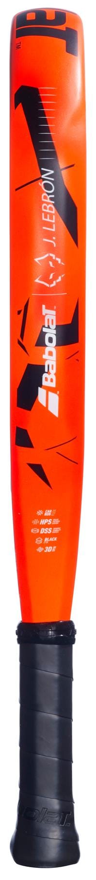 The Babolat Veron Juan Lebron 3.0 padel racket in bright orange features bold black geometric designs and a black grip, with its carbon flex construction highlighted from a vertical barrel-end view.