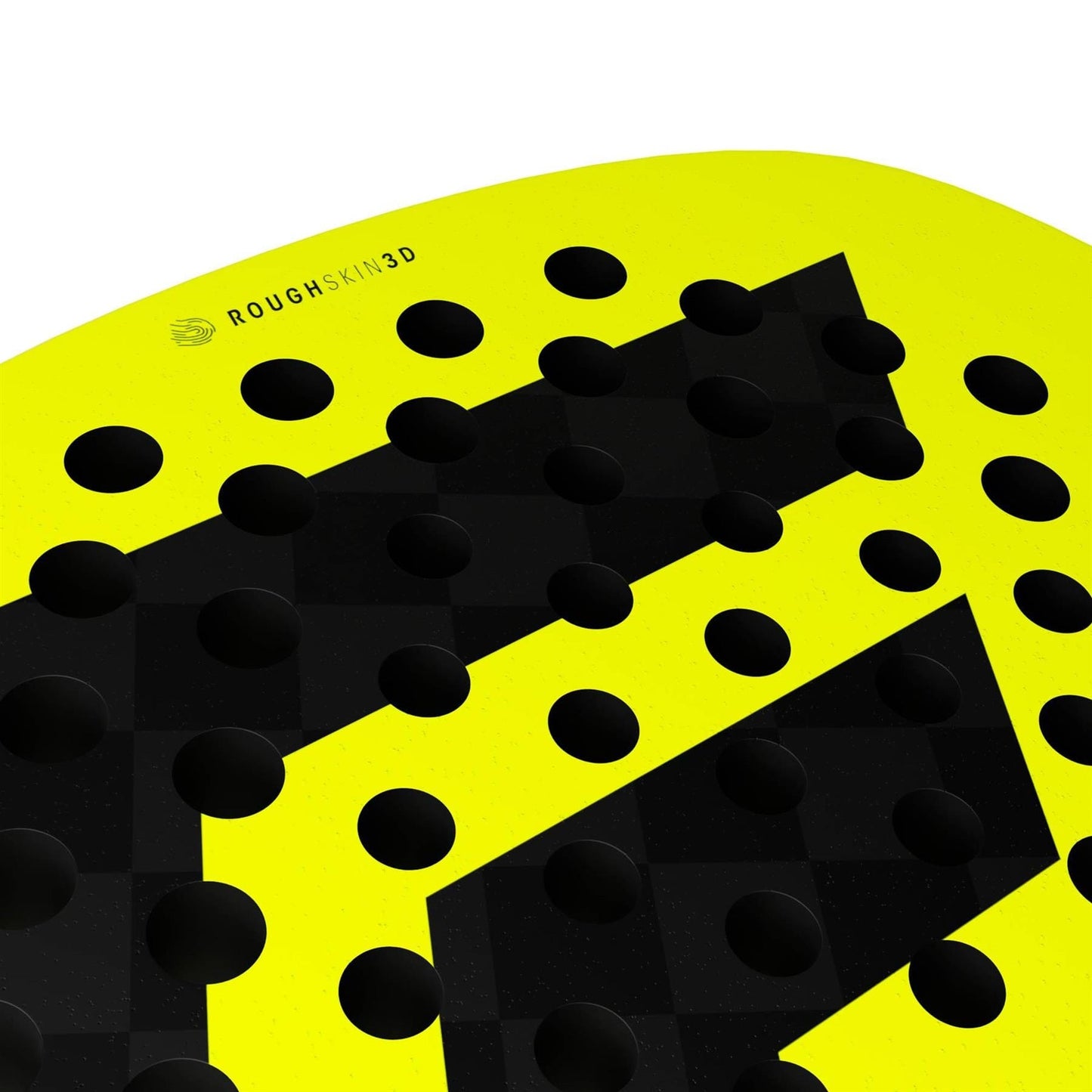 Close-up of the Tecnifibre Bomba Max Padel Racket by Tecnifibre, featuring a bright yellow surface with raised black circular bumps and "ROUGHSKIN 3D" text near the edge, engineered for explosive power.