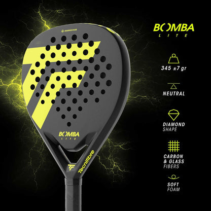 The Tecnifibre Bomba Lite Padel Racket by Tecnifibre features a black and yellow design, diamond shape, fibreglass face, soft foam, carbon and glass fibers, neutral balance, and weighs 345 ± 7g.