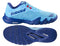 The Babolat Jet Viva Mens Padel Shoes in Scuba Blue are shown from the side and bottom, featuring a textured Michelin sole, mesh upper, and bold Babolat lettering—perfect for intermediate padel players.