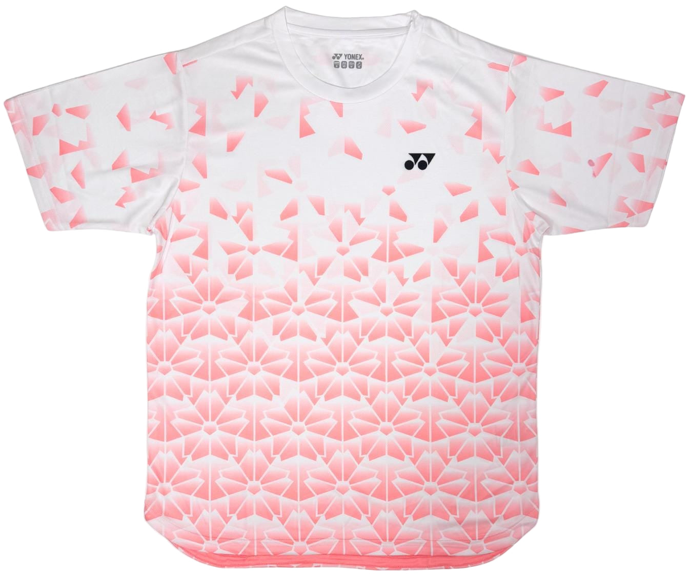 The Yonex YTM2025B Mens Padel T-Shirt in white features a geometric pink floral fade, quick-dry fabric, short sleeves, and a black Yonex logo on the left chest—ideal for men's badminton or padel matches.