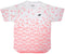 The Yonex YTM2025B Mens Padel T-Shirt in white features a geometric pink floral fade, quick-dry fabric, short sleeves, and a black Yonex logo on the left chest—ideal for men's badminton or padel matches.