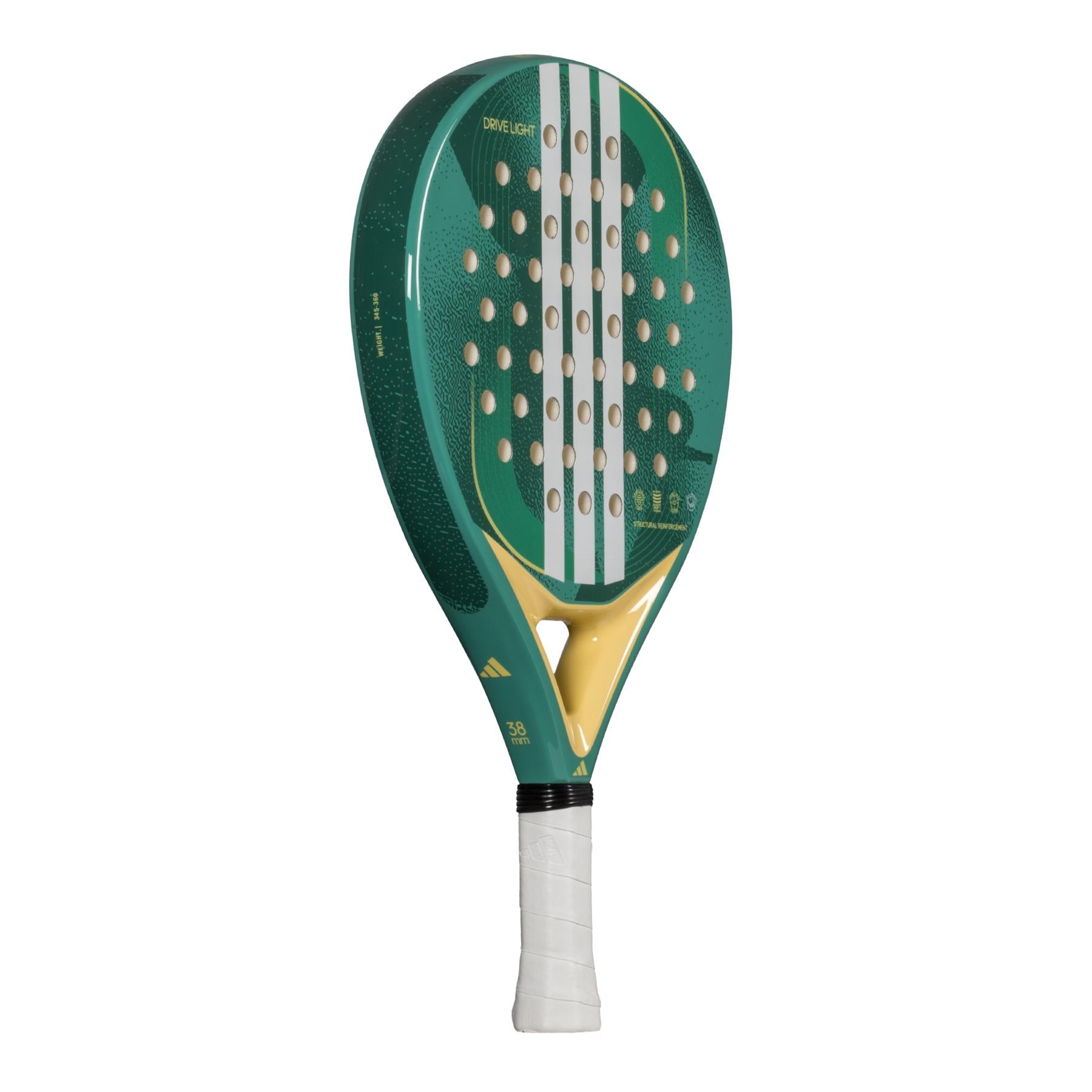 Introducing the adidas Drive Light 3.4 Padel Racket in Powder Teal: a beginner-friendly, lightweight racket with two vertical white stripes, a triangular golden section near the handle wrapped in white grip tape, and a perforated face for enhanced precision.