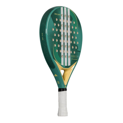 Introducing the adidas Drive Light 3.4 Padel Racket in Powder Teal: a beginner-friendly, lightweight racket with two vertical white stripes, a triangular golden section near the handle wrapped in white grip tape, and a perforated face for enhanced precision.