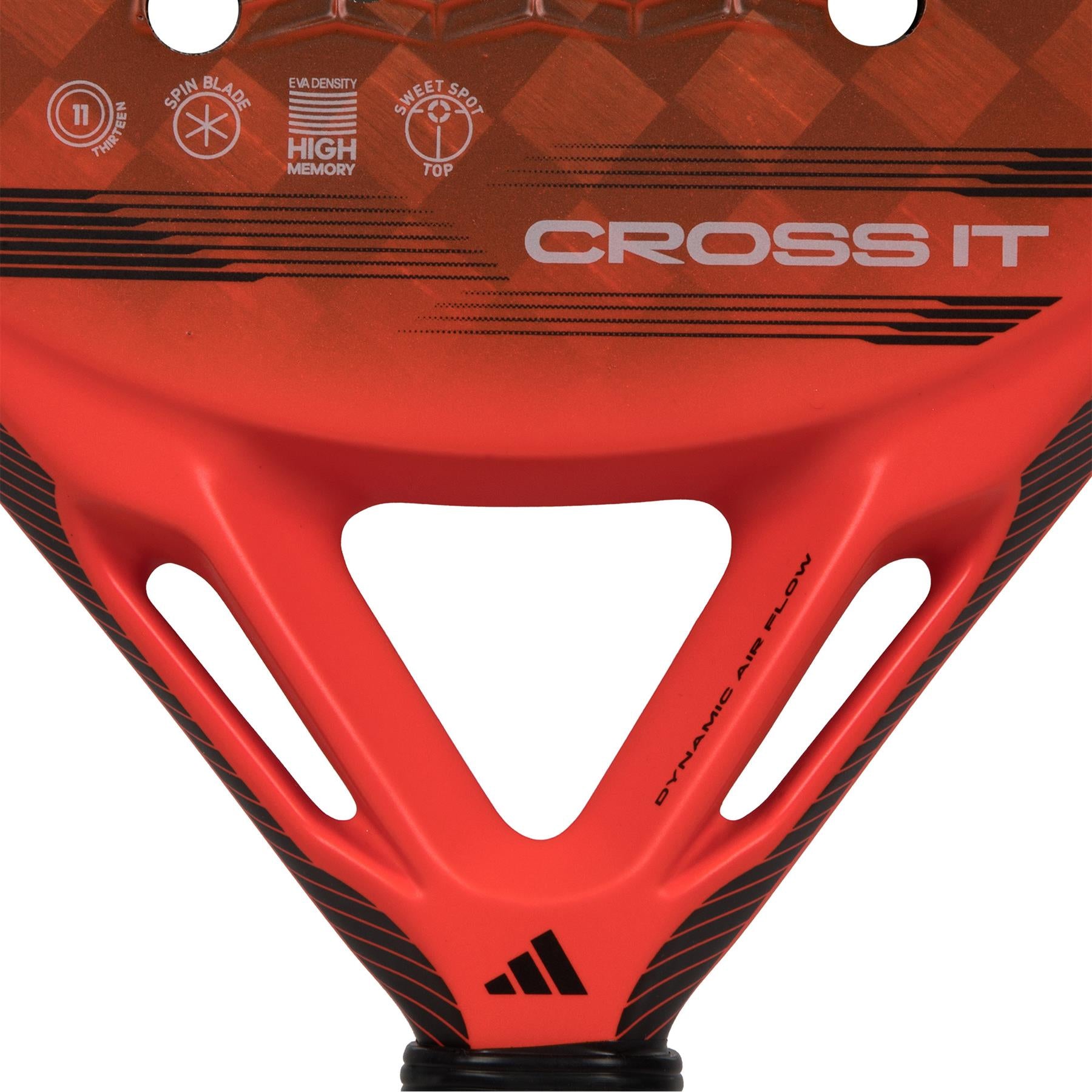 A close-up of a paddle, highlighting the power and spin capabilities of the ADIDAS Cross It Padel Racket - Red by adidas, showcases its innovative Spin Blade Mold design.