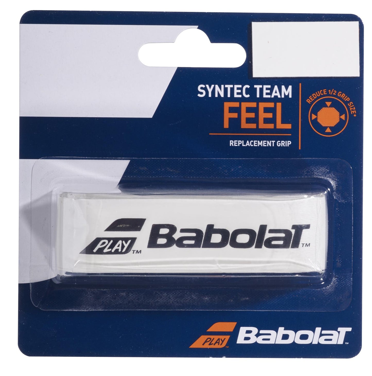 The Babolat Syntec Team X1 Replacement Padel Grip in white features blue and white packaging that emphasizes its thin grip design. It prominently displays the iconic Babolat logo and mentions its ability to reduce grip size by half, making it perfect for tennis players seeking greater precision in their game.