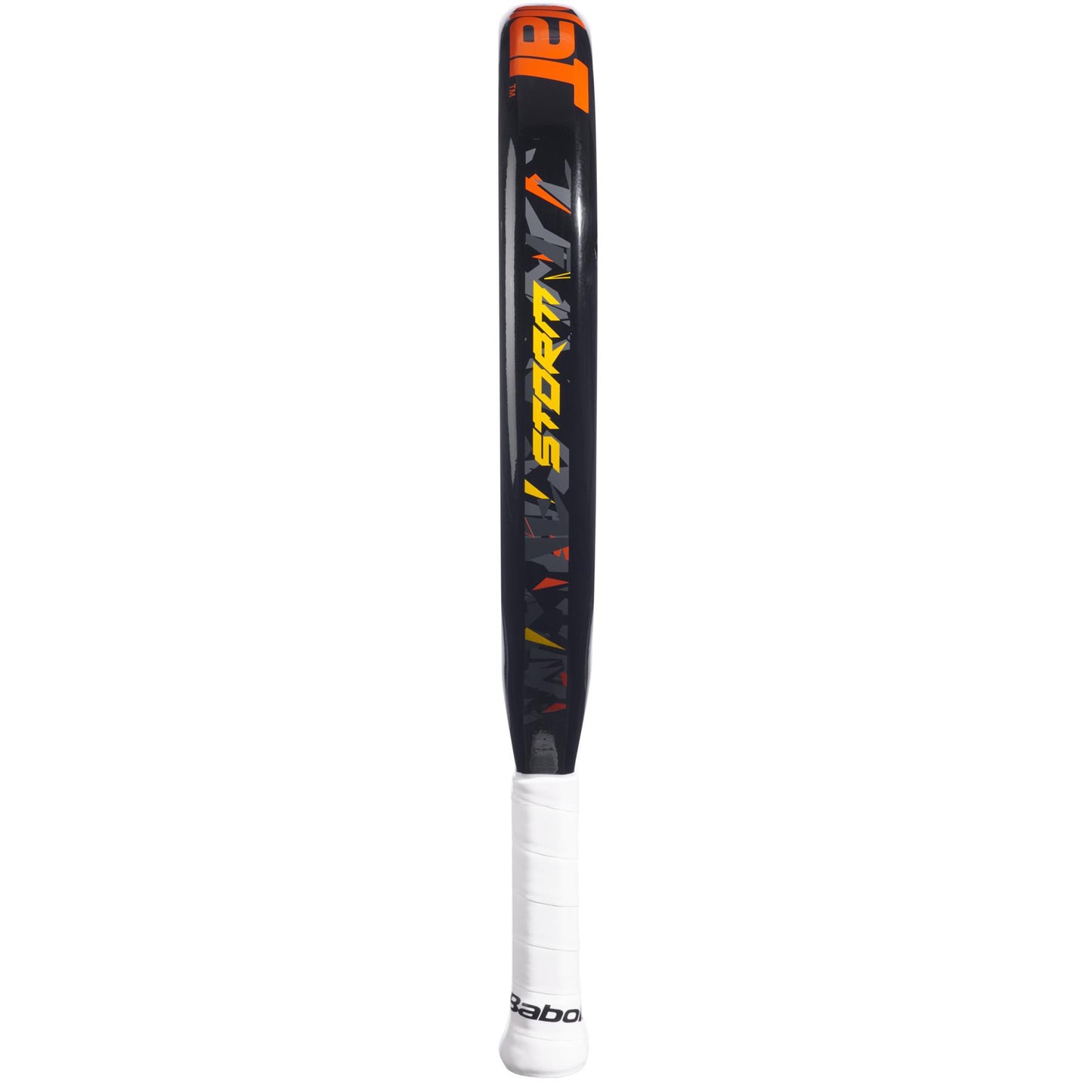 A Babolat Storm Padel Racket in black showcases vibrant text and graphics, with the word "Storm" prominently displayed in yellow against a teardrop-shaped head design, similar to a baseball bat. The handle is wrapped in white grip tape, making it ideal for beginner to intermediate level players.