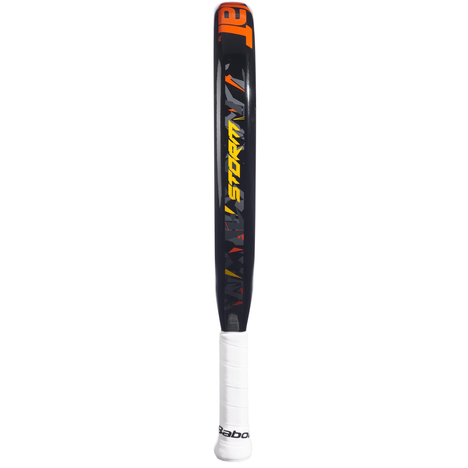 A Babolat Storm Padel Racket in black showcases vibrant text and graphics, with the word "Storm" prominently displayed in yellow against a teardrop-shaped head design, similar to a baseball bat. The handle is wrapped in white grip tape, making it ideal for beginner to intermediate level players.