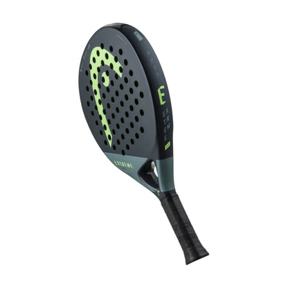 The HEAD Evo Extreme 2023 Padel Racket in black and green features a perforated face, Innegra technology, a textured grip, and showcases the bold "EXTREME" green logo.