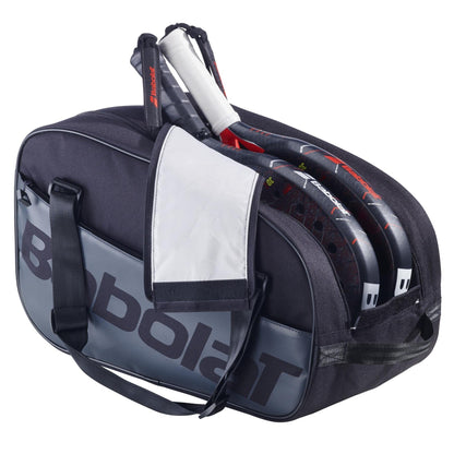 The Babolat Court S Padel Racket Bag - Black by Babolat features a black and gray design with a shoulder strap and space for your padel rackets—ideal for carrying your equipment in style.