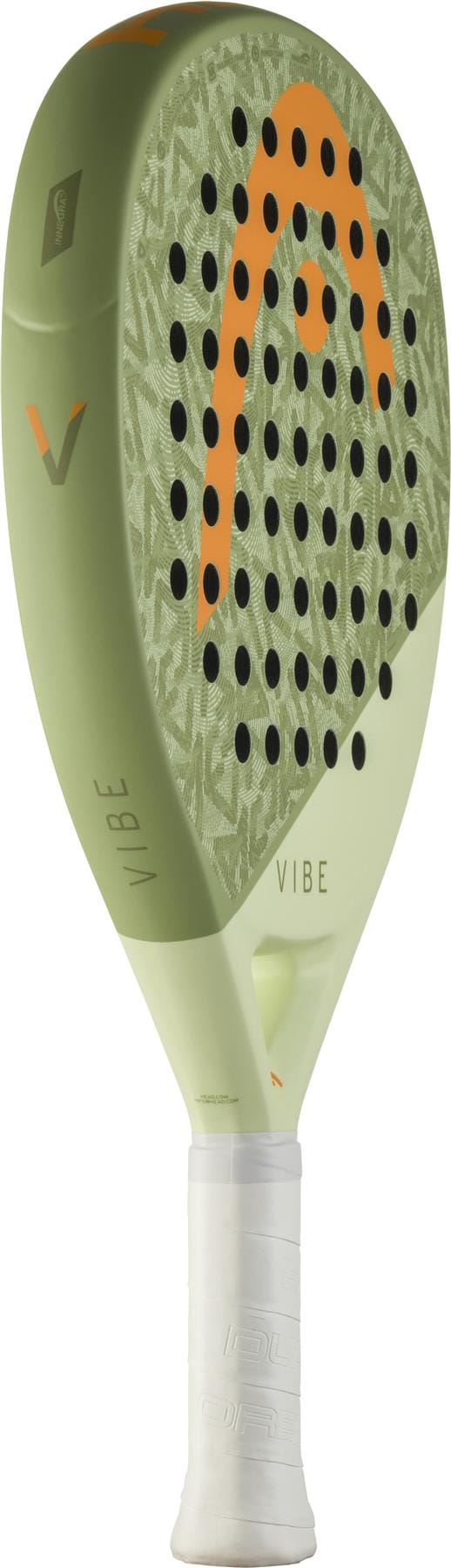 The HEAD Vibe 2026 Green / Orange Padel Racket features a fibreglass hitting surface, white grip, abstract patterned face with black holes, and the "VIBE" branding.