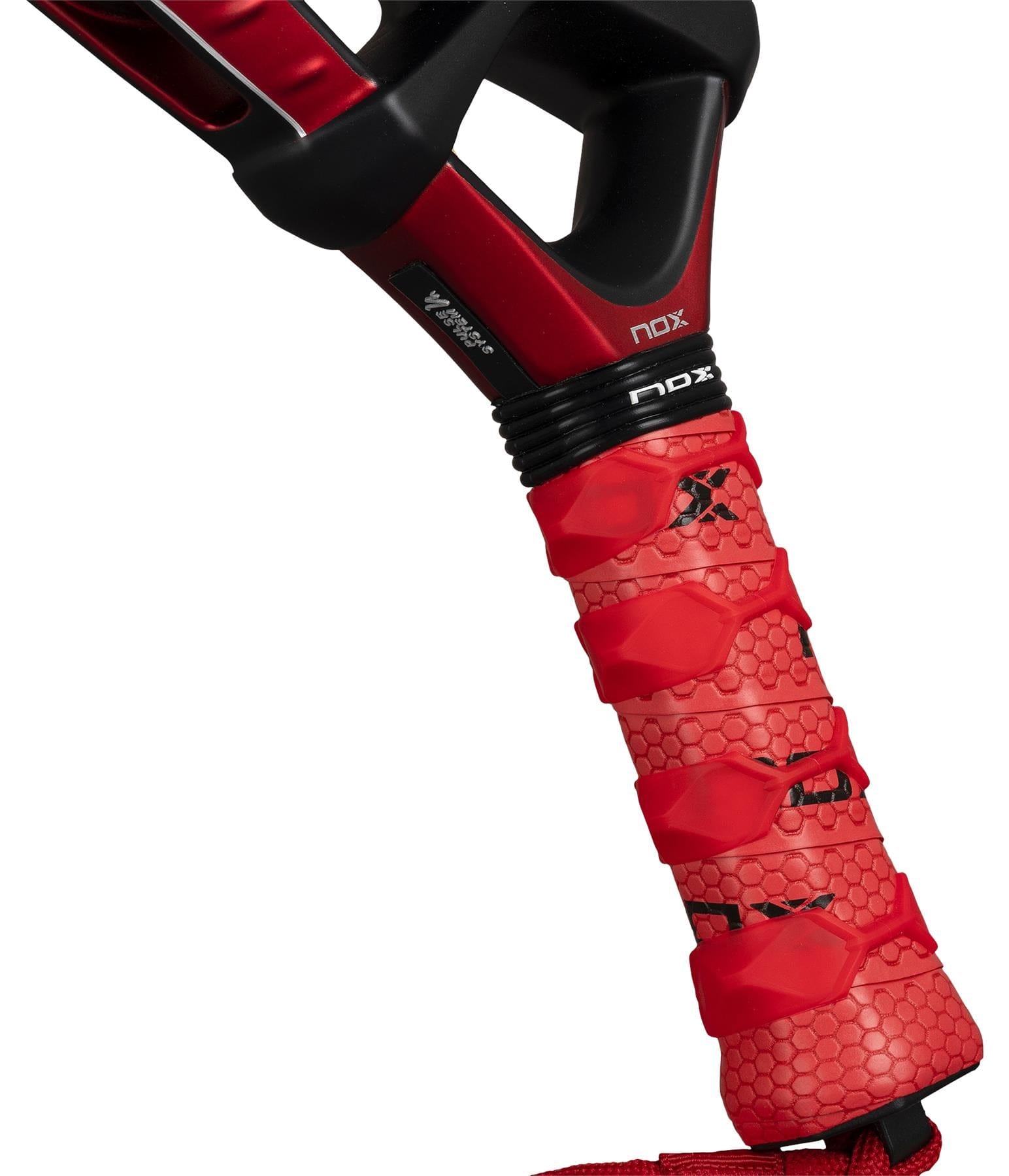 Close-up of the NOX Luxury EA10 Ventus Hybrid 12K XTREM By Edu Alonso 2026 padel racket by NOX, showing its red and black handle with a textured grip and wrist strap, inspired by Edu Alonso.