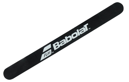 The Babolat Protec Pro Padel Protection Strips in black, showcasing the white Babolat logo and "PLAY," are crafted to provide optimal racket protection. With a textured design and elongated, narrow shape, this accessory ensures enhanced performance similar to the Babolat Protec Pro.