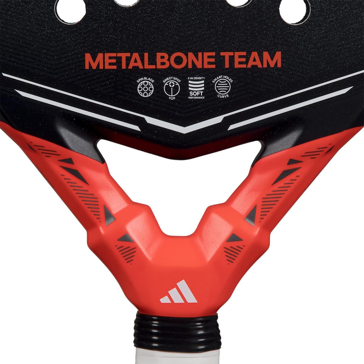Close-up of the adidas Metalbone Team 2026 Padel Racket - Black / Red, showing "METALBONE TEAM" text, geometric patterns, a white adidas logo above the handle, and Spin Blade Gritt technology for enhanced performance.