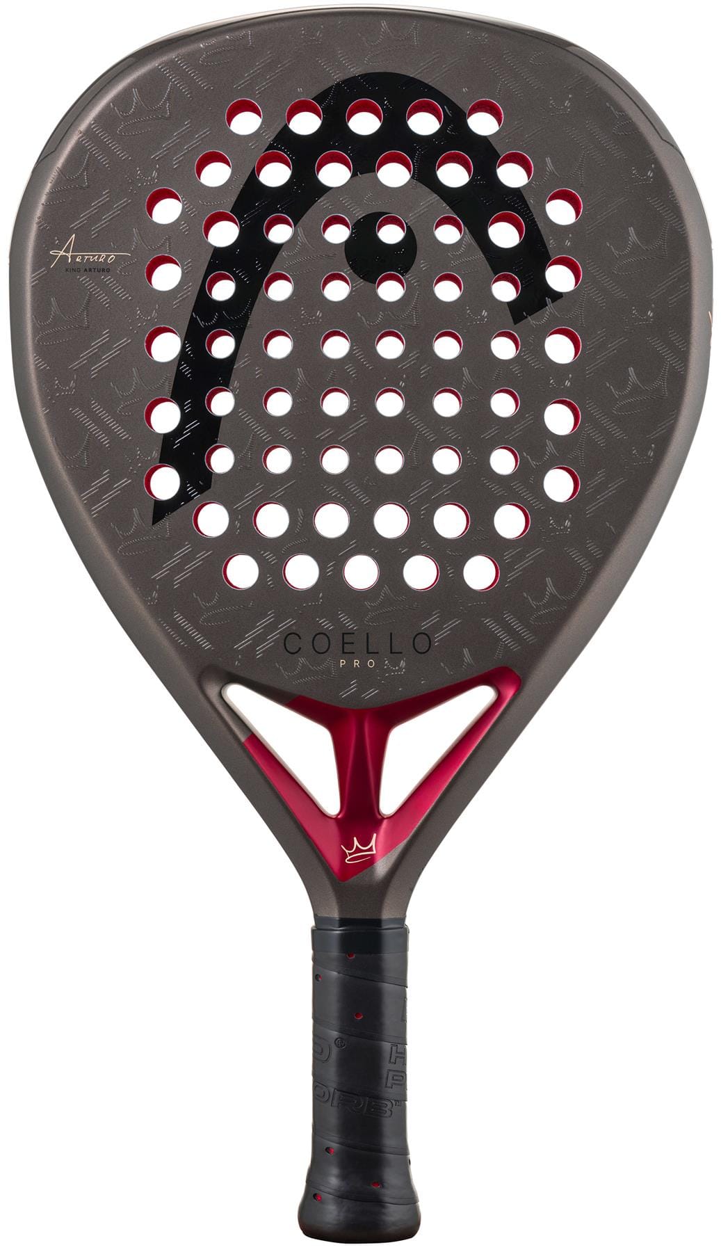 The HEAD Coello Pro 2026 Padel Racket, in black and red, features a perforated design, bold HEAD logo on the face, "CELLO CORVO" near the handle, and a carbon hybrid hitting surface for top performance.
