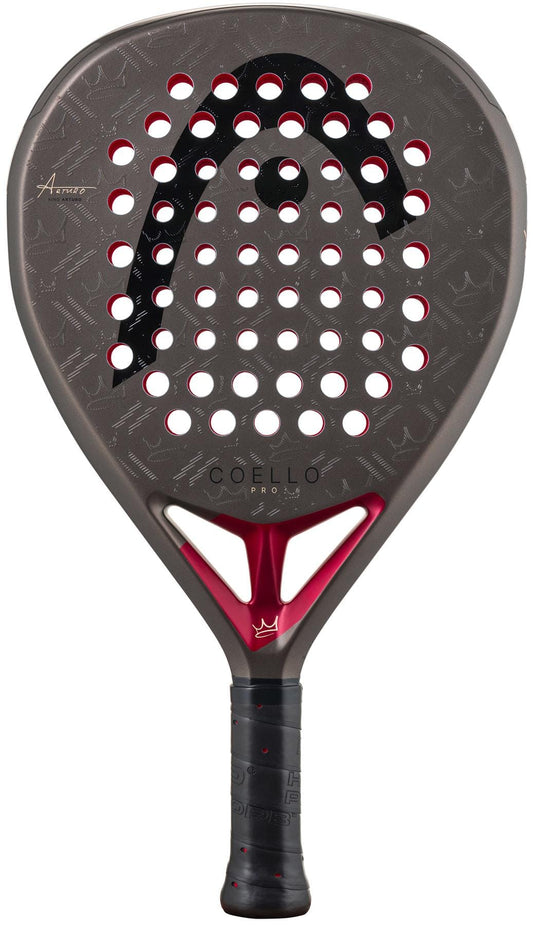 The HEAD Coello Pro 2026 Padel Racket, in black and red, features a perforated design, bold HEAD logo on the face, "CELLO CORVO" near the handle, and a carbon hybrid hitting surface for top performance.