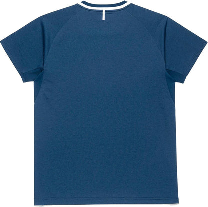 The Yonex 10712YX Crew Neck Mens Padel T-Shirt in indigo blue is shown laid flat, back up. This quick-drying Yonex sports shirt features short sleeves, a round neckline, and a small white bar detail at the upper center.