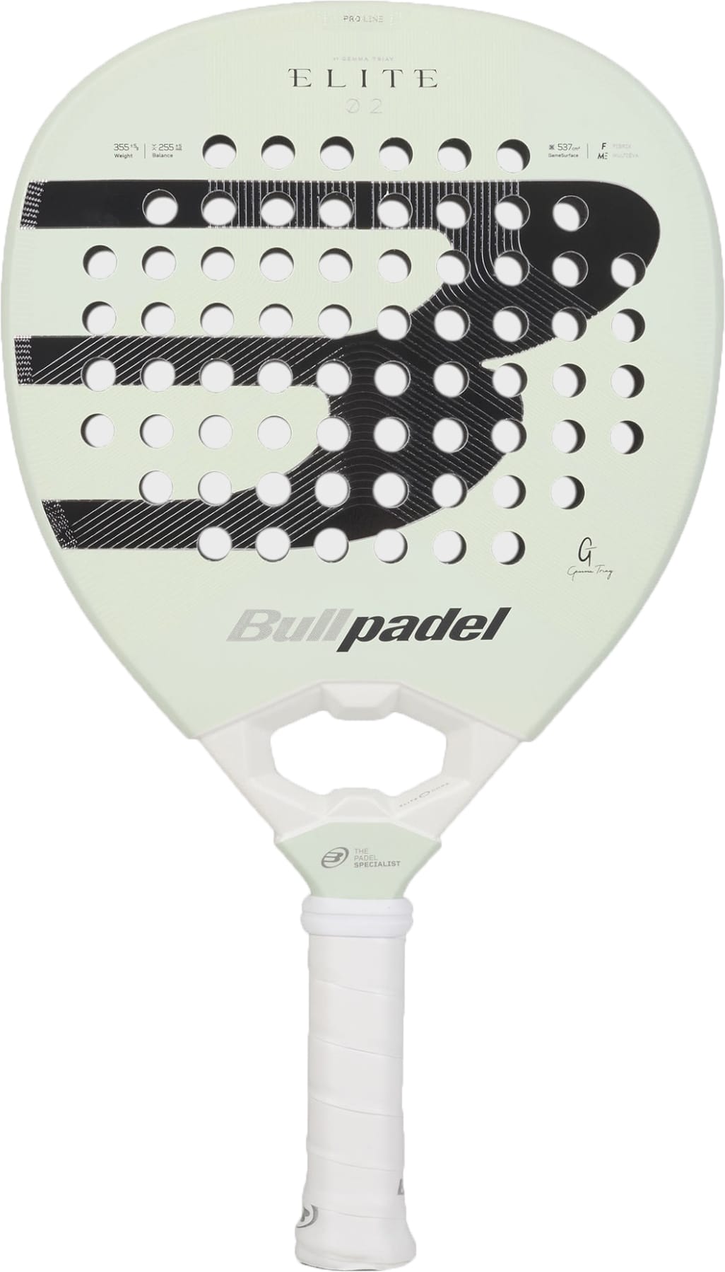 A Bullpadel Elite 02 2027 Padel Racket by Bullpadel, in white with black accents, featuring a teardrop-shaped head, perforated holes, and a white grip, is displayed against a plain background.