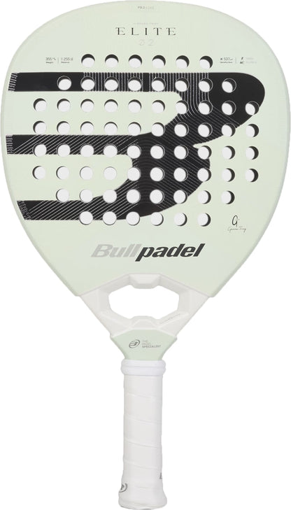A Bullpadel Elite 02 2027 Padel Racket by Bullpadel, in white with black accents, featuring a teardrop-shaped head, perforated holes, and a white grip, is displayed against a plain background.